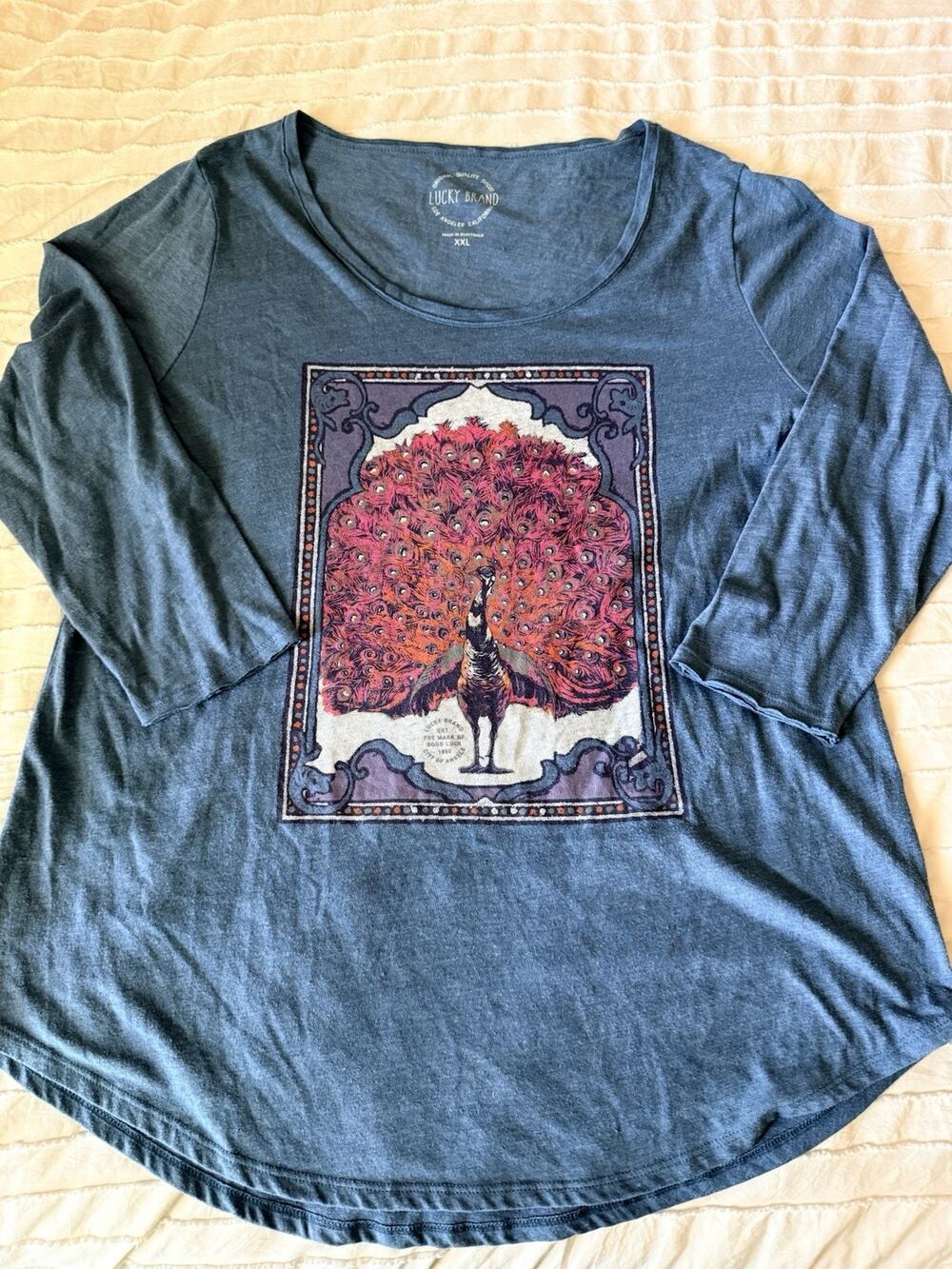 Lucky Brand Women’s Blue Peacock Graphic Knit Scoop Neck Raglan 3/4 Tee XXL